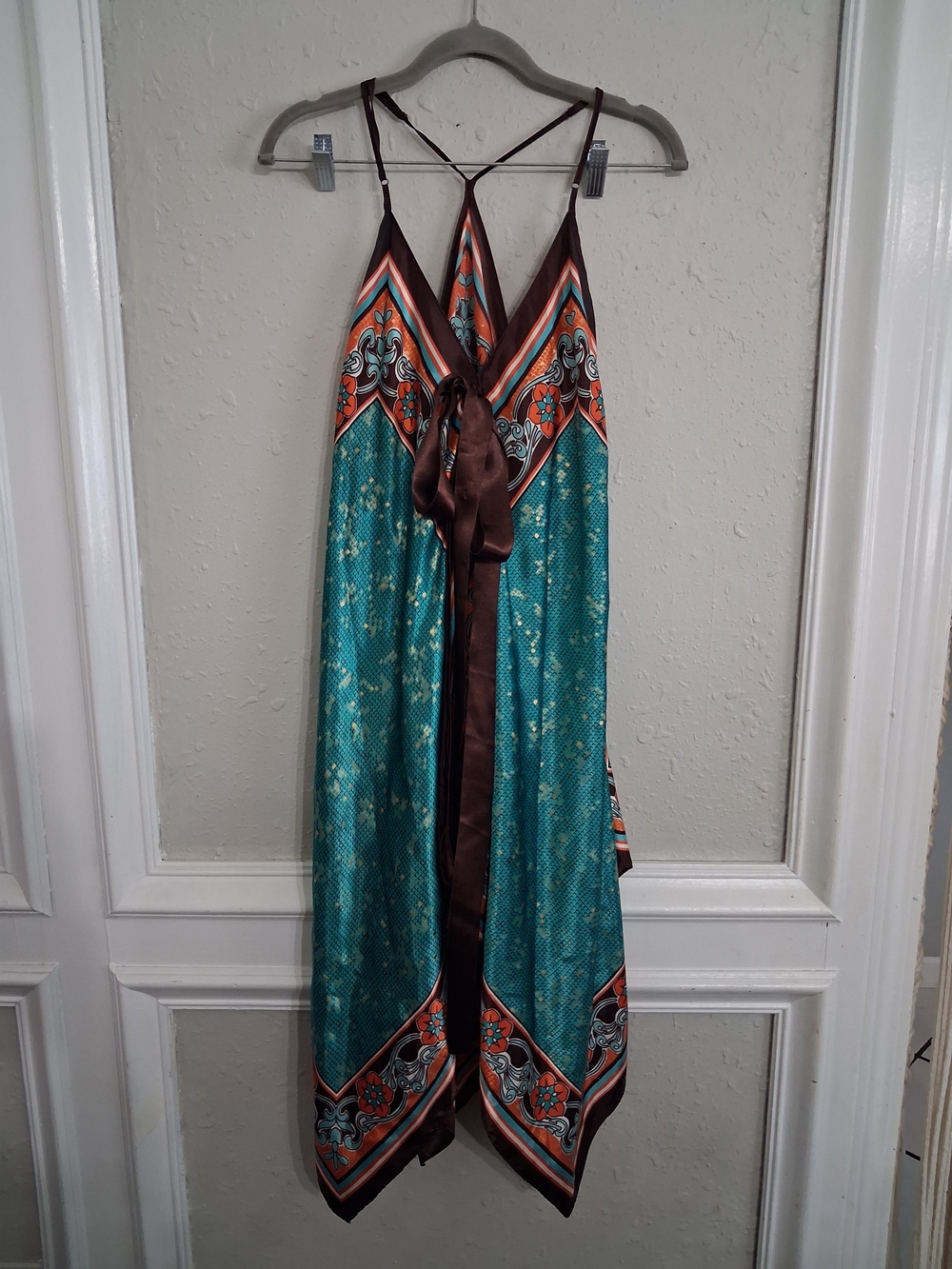 Y2k boho Handkerchief Asymmetrical satin scarf dress teal rust flowy med L